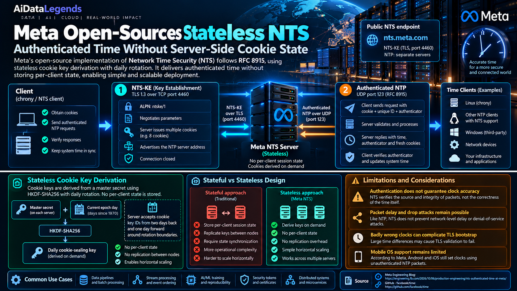 Infographic: Meta's stateless NTS in detail, from the nts.meta.com key-establishment endpoint and HKDF-SHA256 cookie keys to the accepted key-ID window and the limitations