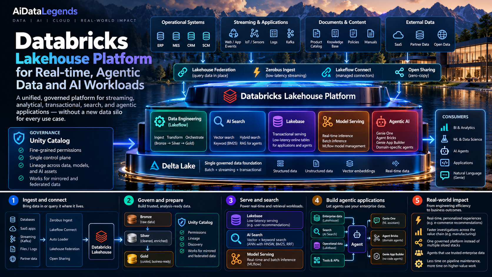 Infographic: the Databricks Lakehouse Platform. Operational systems, streaming apps, documents and external data enter through Lakehouse Federation, Zerobus Ingest, Lakeflow Connect and Open Sharing. Unity Catalog governs Delta Lake, which feeds data engineering, AI Search, Lakebase, Model Serving and agentic AI (Genie, Agent Bricks) for BI, ML, applications and AI agents