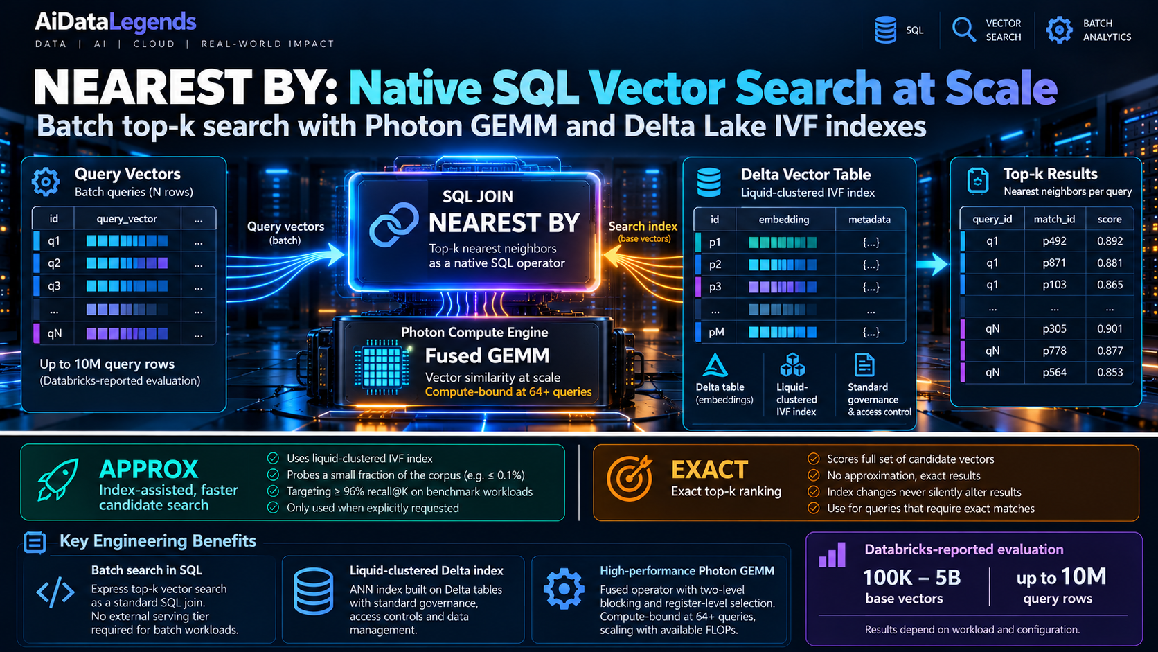 Infographic: Databricks NEAREST BY joins a batch of query vectors to a Delta vector table with a liquid-clustered IVF index, scores them with Photon's fused GEMM operator and returns the top-k matches per query; APPROX uses the index, EXACT ranks all candidates