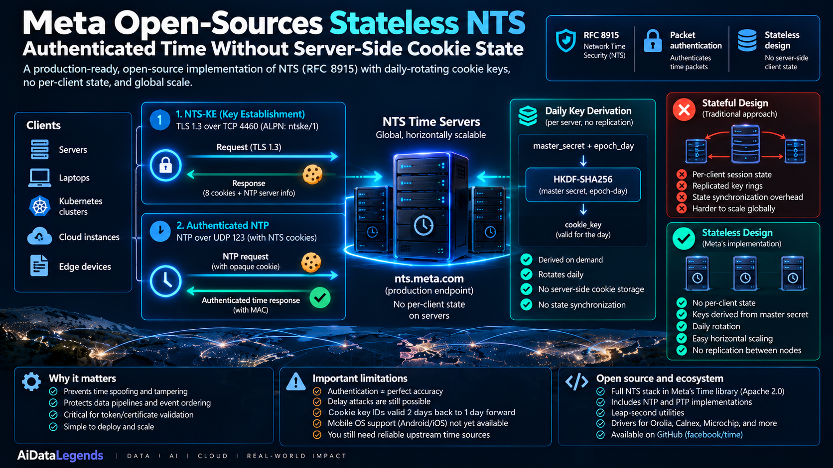 Infographic: how Meta's stateless NTS works. Clients run NTS-KE over TLS 1.3 on TCP 4460 to get 8 cookies, then send authenticated NTP over UDP 123; servers derive cookie keys with HKDF-SHA256 instead of storing per-client state
